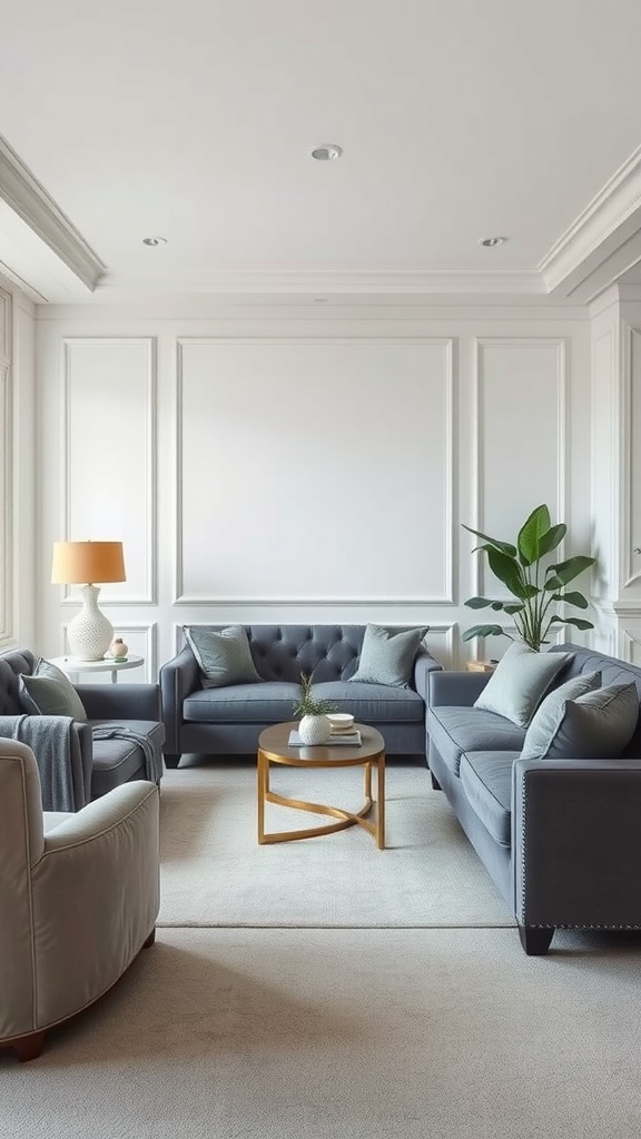 A modern living room featuring gray velvet upholstery with tufted sofas, a round coffee table, and a decorative lamp.