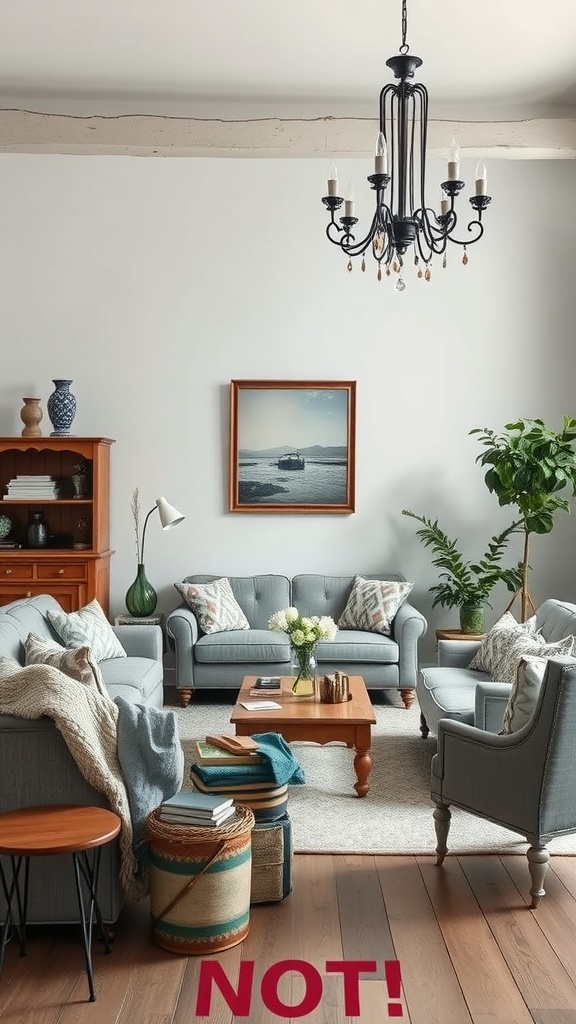 Cozy gray living room with vintage accents, featuring soft gray sofas, wooden coffee table, vintage chandelier, and potted plants.