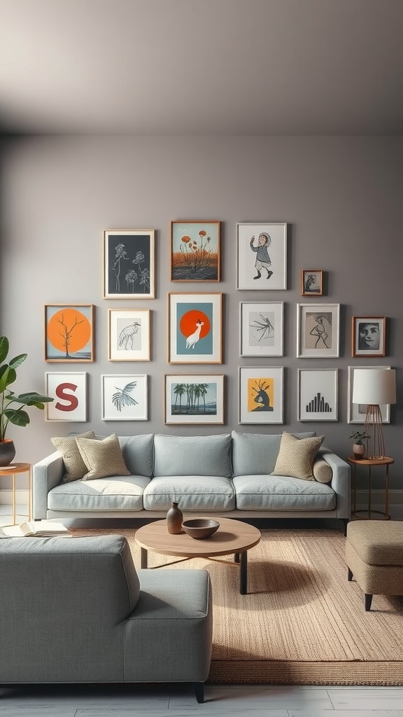 A stylish gray living room featuring a wall art gallery with various framed artworks, a gray sofa, and a wooden coffee table.