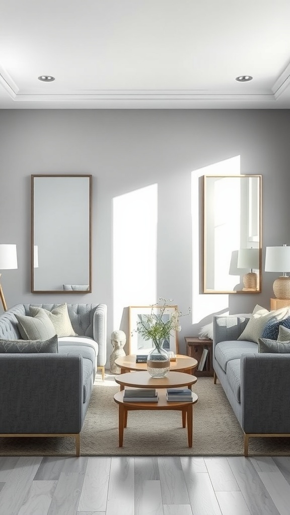 A cozy living room featuring gray wall mirrors, gray sofas, and a light rug, creating an inviting atmosphere.