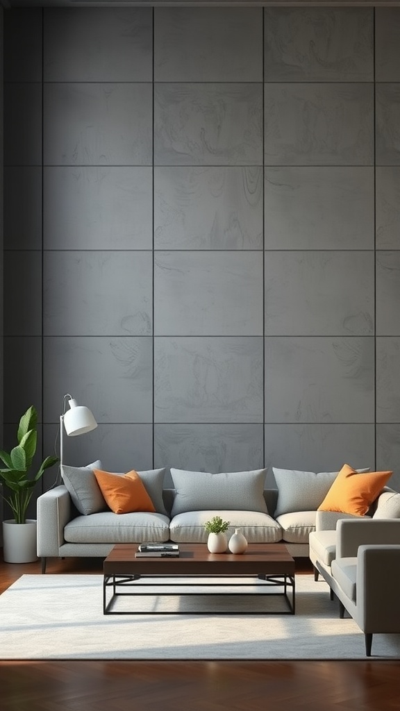 A modern living room with gray wall panels, light-colored furniture, orange cushions, a coffee table, and a plant.