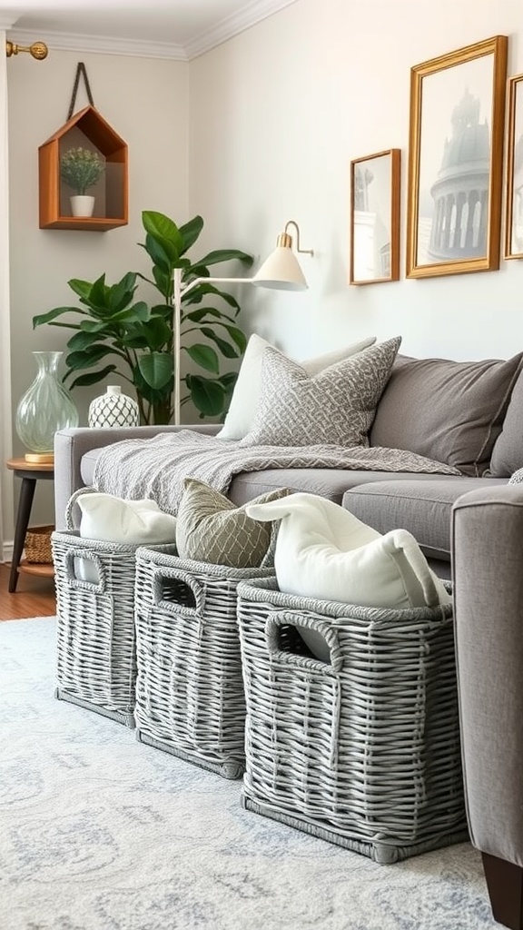 A cozy living room featuring gray woven baskets used for storage with pillows inside.