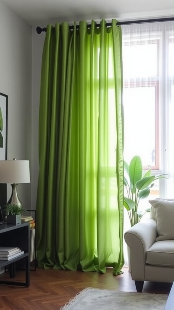 Living room featuring vibrant green curtains with black hardware, showcasing a cozy and stylish atmosphere.