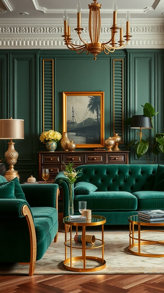 A stylish living room featuring green velvet sofas, golden accents, and elegant decor.