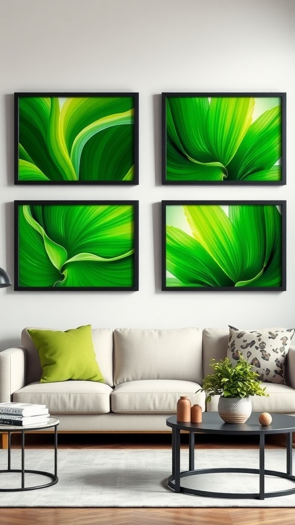 Living room featuring green leaf wall art in black frames above a neutral sofa.