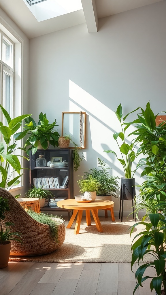 A bright living room filled with various indoor plants, a cozy chair, and a wooden coffee table.