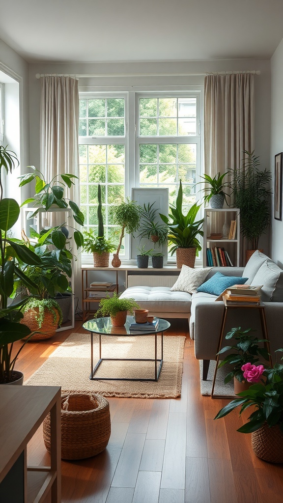 A cozy living room filled with various indoor plants, featuring large windows and a comfortable couch.