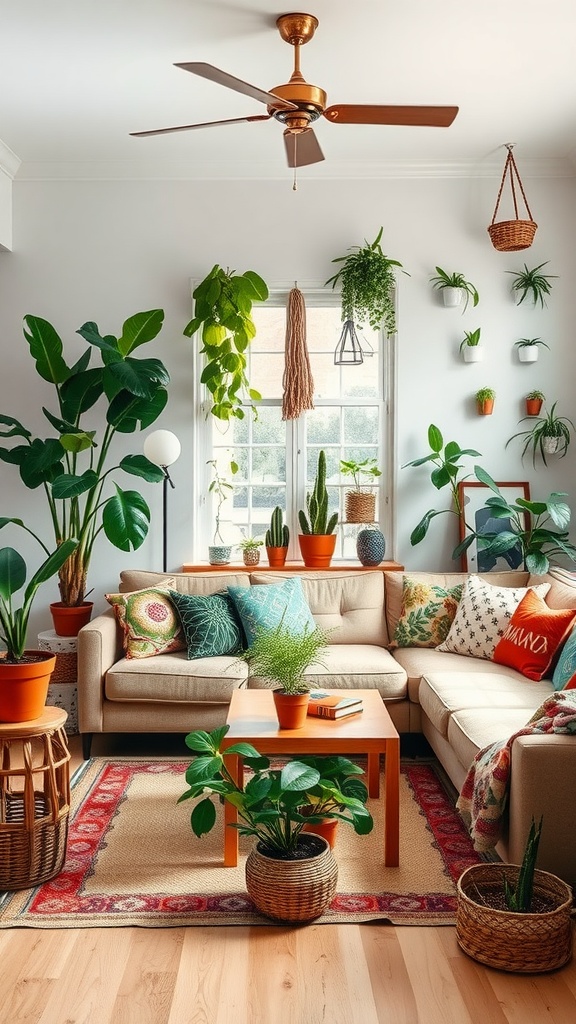 A cozy boho industrial living room filled with various plants, showcasing a blend of natural and industrial elements.