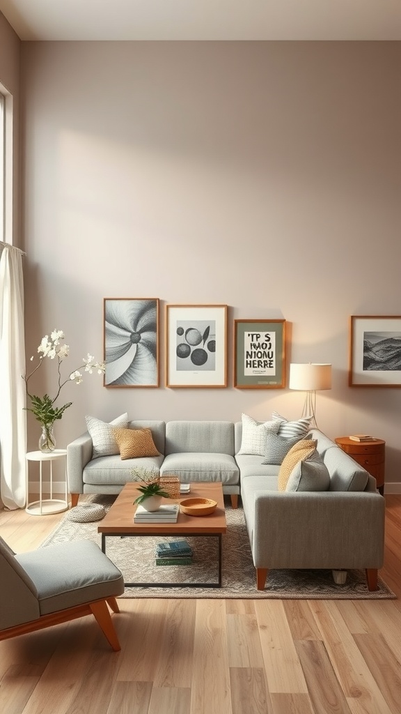 A neutral living room featuring greige wall paint, light gray furniture, wooden accents, and decorative art.