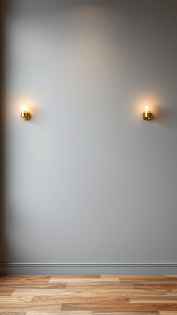 A grey accent wall with gold wall sconces illuminating the space