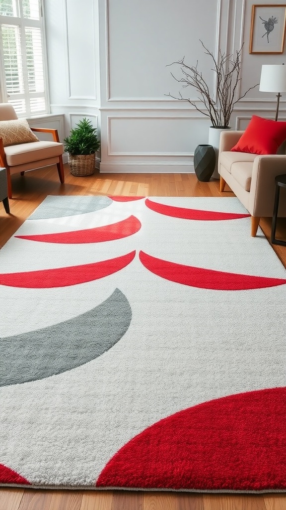 A stylish grey and red geometric rug placed in a modern living room.