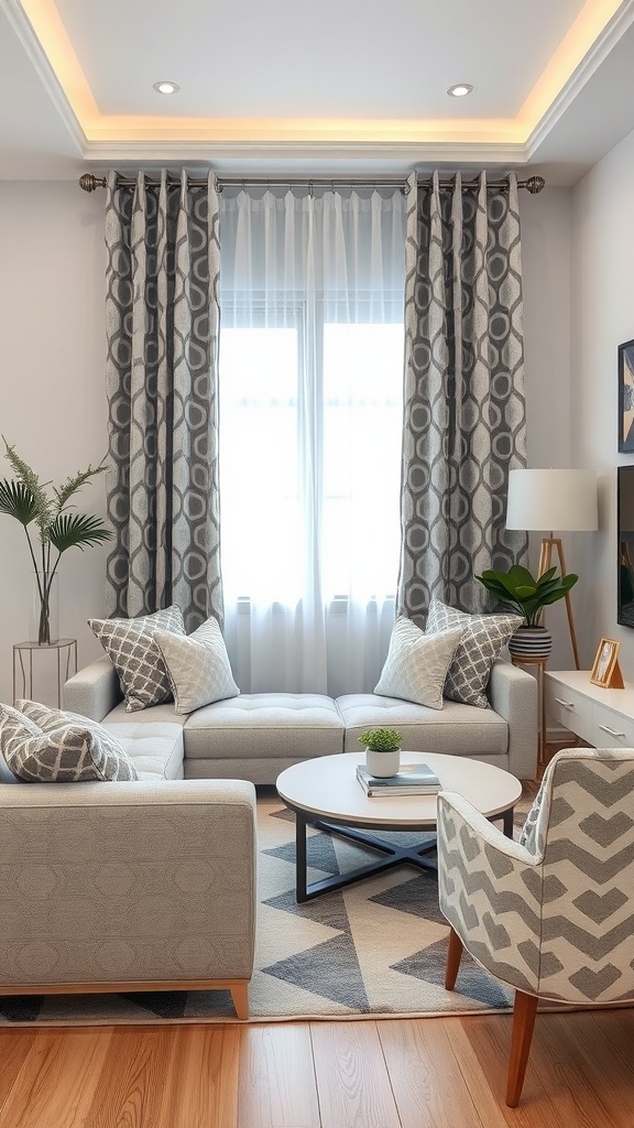 Living room featuring grey and white geometric patterns with cushions, curtains, and a rug.