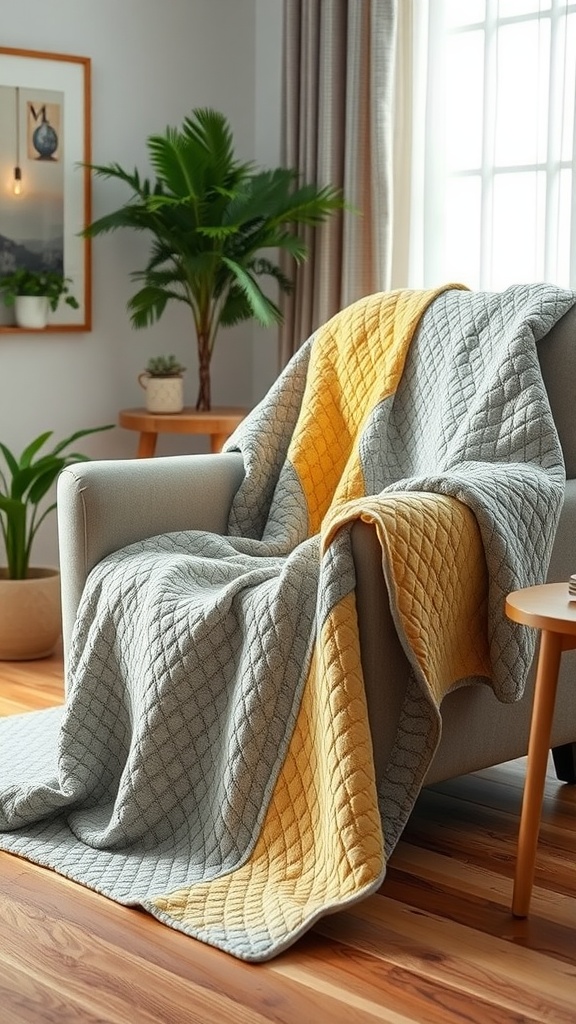 A grey and yellow quilted throw draped over a light-colored armchair in a cozy living room setting.