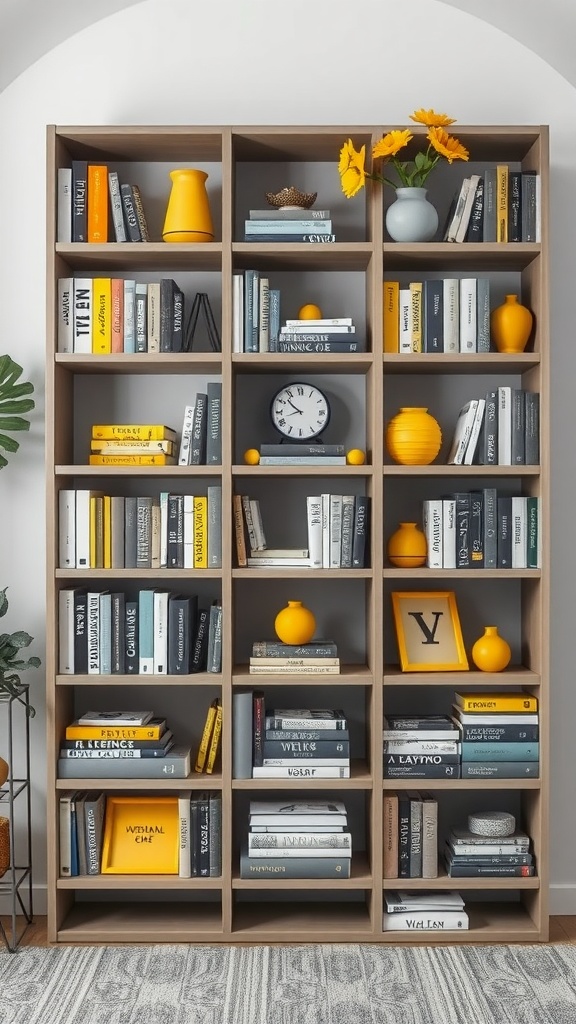 A stylish bookshelf featuring grey books, yellow vases, and decorative items.