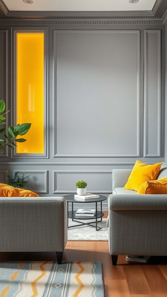 A stylish living room featuring grey walls and baseboards with bright yellow accents in cushions and decor