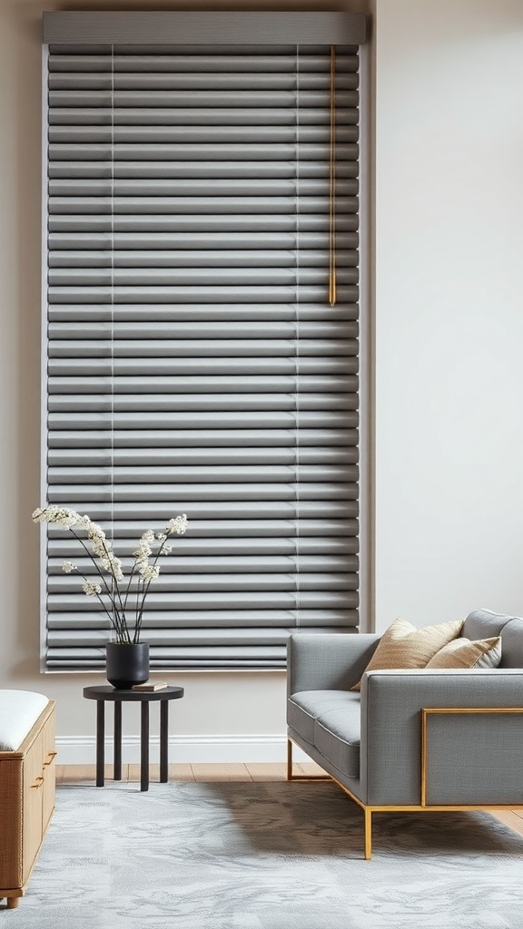 Living room featuring grey blinds with gold hardware and modern furniture.