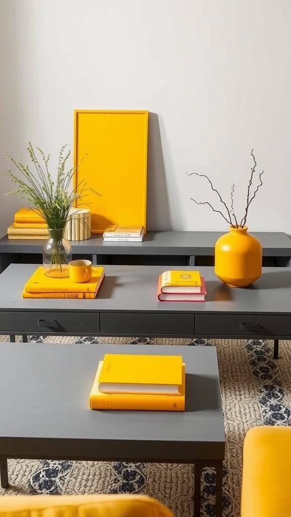 Grey coffee table with yellow decor including books, a mug, and a vase