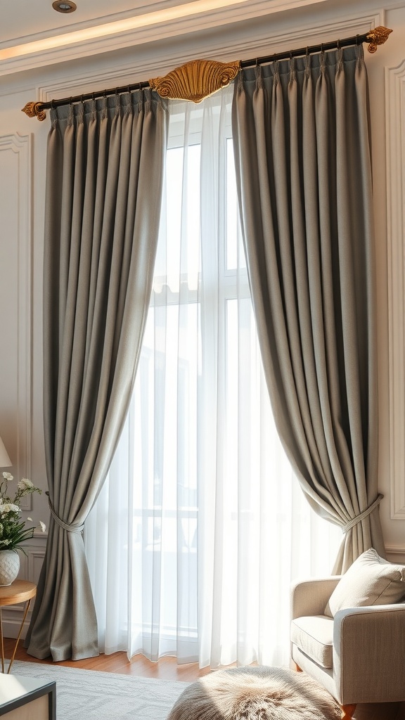 A living room featuring grey curtains paired with gold curtain rods, showcasing a blend of elegance and warmth.