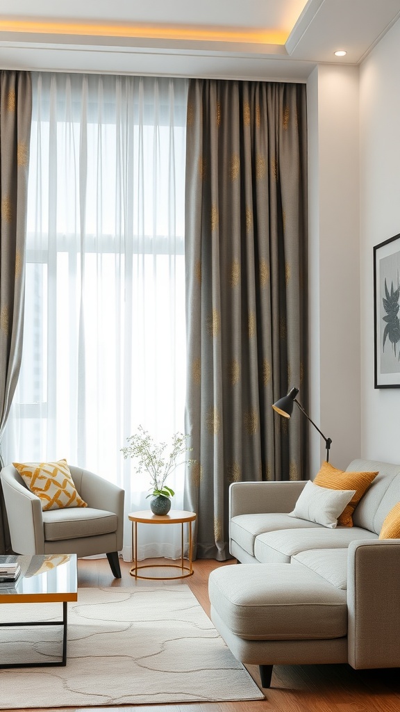 Living room featuring grey curtains with subtle yellow patterns, complemented by a grey sofa and yellow cushions.