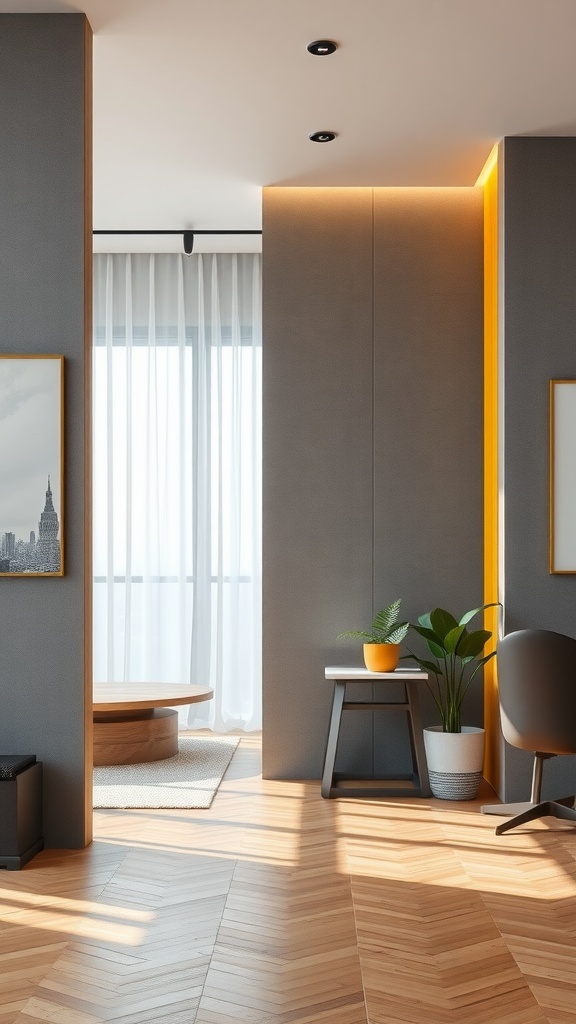 A modern living room featuring grey dividers and yellow accents, showcasing a stylish and inviting atmosphere.