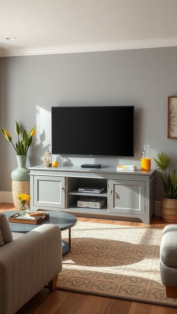 Grey entertainment center with yellow accents in a stylish living room setting.