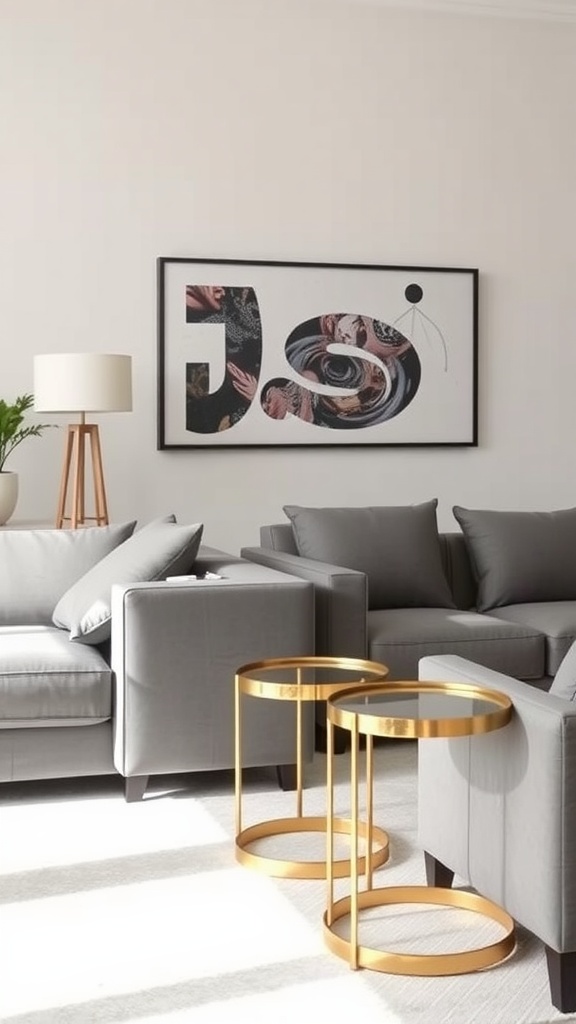 A living room featuring grey furniture and gold side tables.