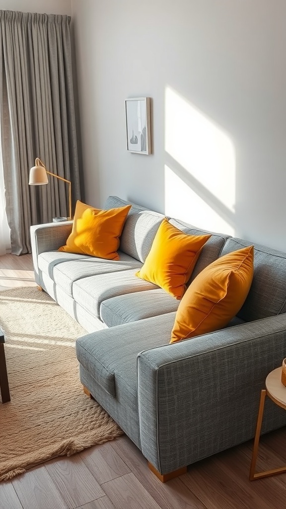 A grey sectional couch adorned with gold throw pillows in a well-lit living room.