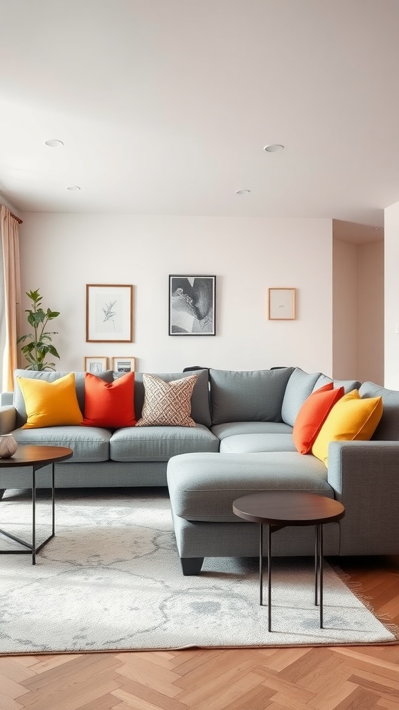 A modern living room featuring a grey sectional sofa with colorful throw pillows, wooden coffee tables, and a light area rug.