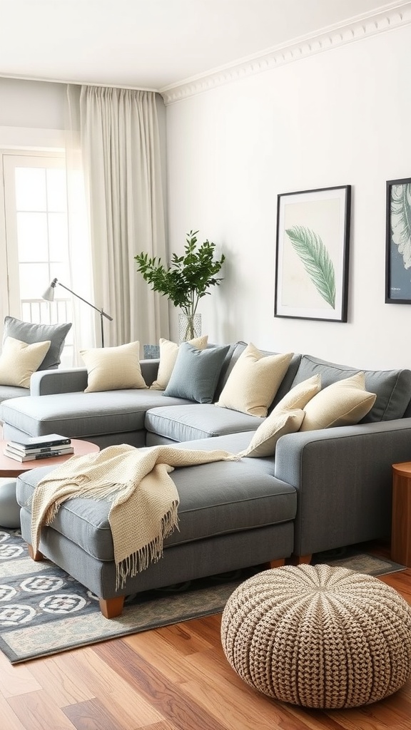 A modern living room with a grey sectional sofa adorned with beige pillows and a knitted pouf, decorated with greenery and framed artwork.