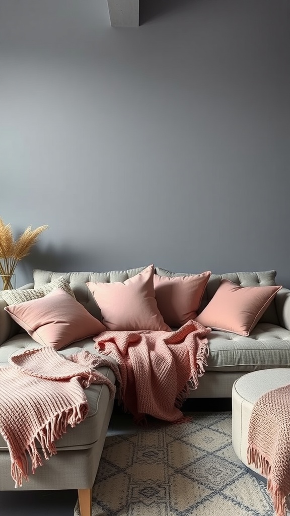 A grey sofa adorned with pink pillows and a pink throw blanket, set against a grey wall.