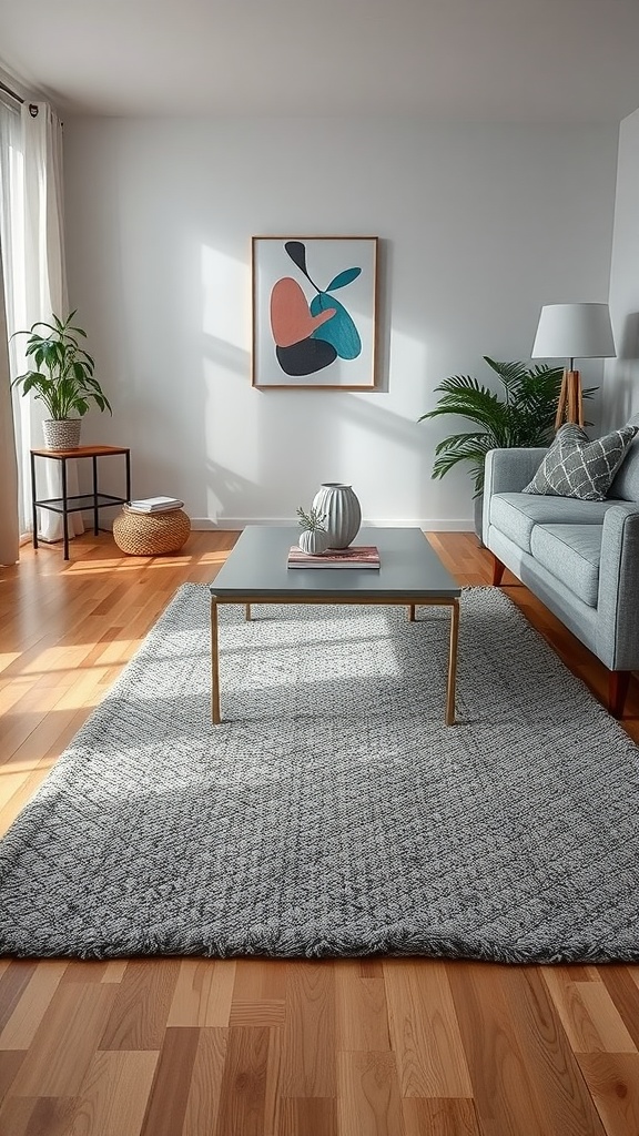 Living room featuring a grey textured rug, wooden floor, and modern furniture.