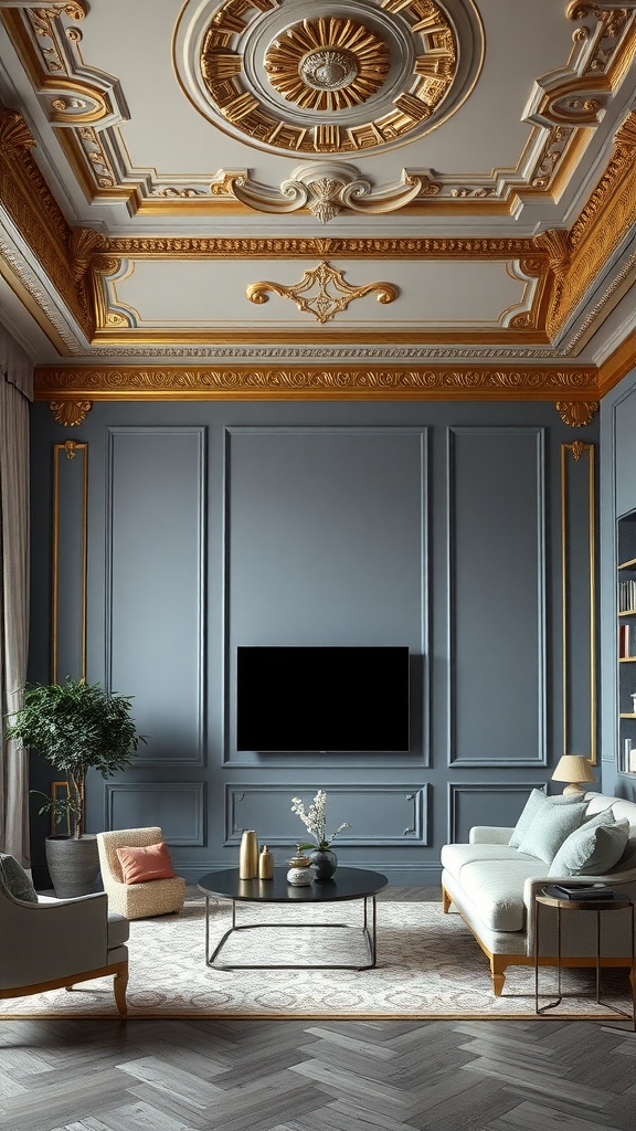 Living room with grey tungsten walls and gold crown molding, featuring elegant furniture and decor.