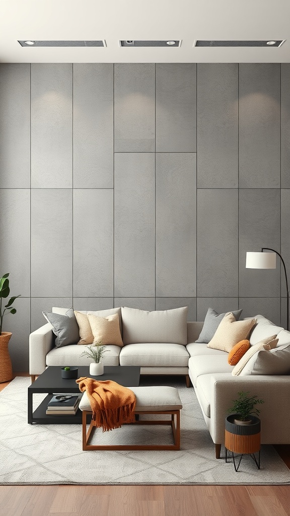 A modern living room with grey wall panels, beige furniture, and orange accents.