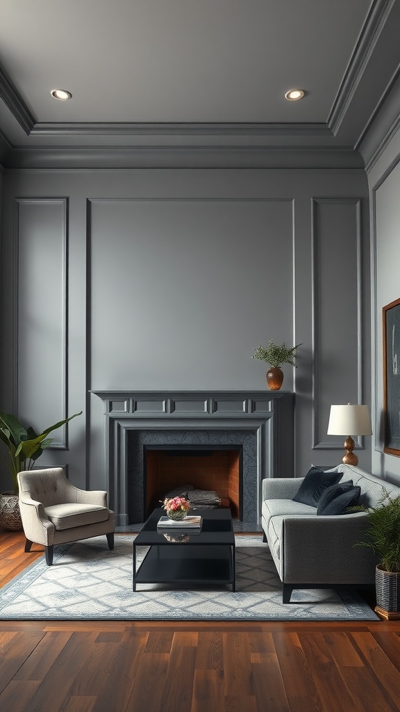 A modern living room featuring grey walls and black trim with a fireplace, a grey couch, and a stylish coffee table.