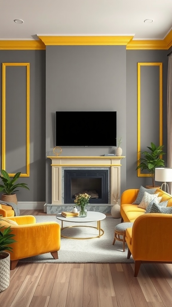 Living room with grey walls and yellow trim, featuring yellow sofas and plants.