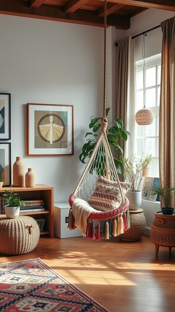 A cozy living room with a hammock chair, potted plants, and warm wooden accents.