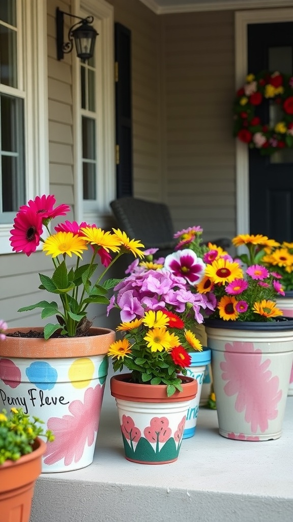 Colorful hand-painted flower pots filled with blooming flowers on a porch