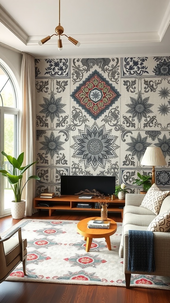 Living room with a hand-painted accent wall featuring intricate patterns, a light-colored couch, and decorative plants.