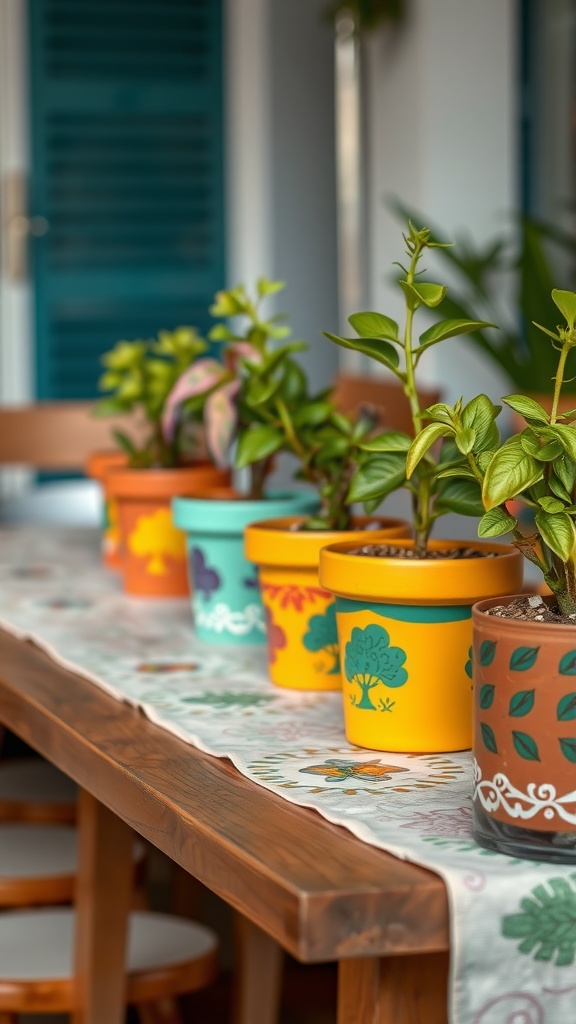 A row of colorful hand-painted terracotta pots with plants on a wooden table, adorned with a floral tablecloth.