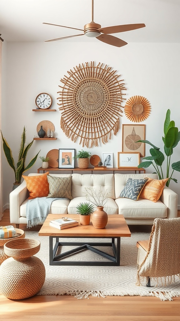 A modern boho living room featuring handcrafted decor, with a prominent macrame wall hanging, wooden coffee table, and various plants.