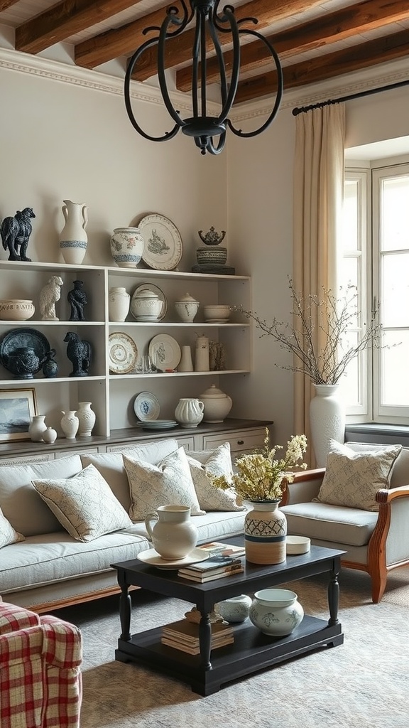 A cozy French country living room featuring a display of handcrafted ceramics on a shelf and a stylish coffee table.