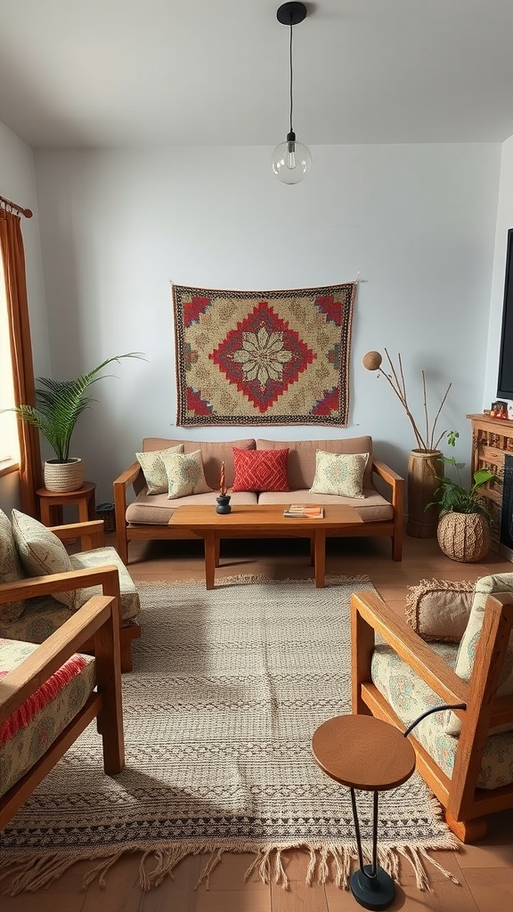 A modern boho living room featuring handcrafted wooden furniture, patterned cushions, and a woven rug.