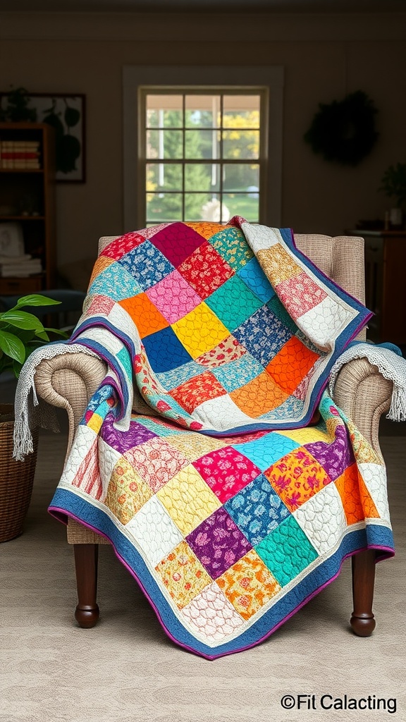 A colorful handmade quilt draped over a cozy armchair in a cottagecore aesthetic living room.