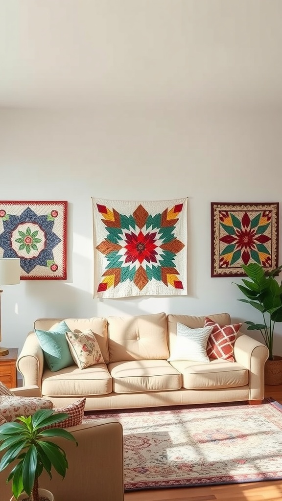 A cozy living room with a beige sofa, decorative pillows, and handmade quilts displayed on the wall.