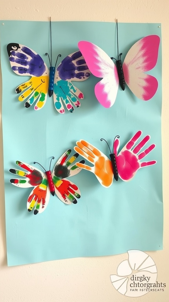 Colorful handprint butterflies displayed on a blue background.