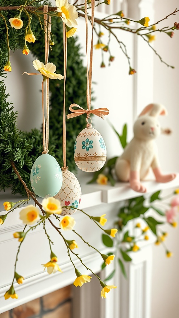 Colorful hanging egg ornaments with flowers on a mantel, featuring a stuffed bunny in the background.