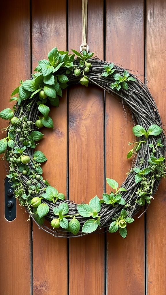 A green herb wreath made from twigs and herbs hanging on a wooden door.