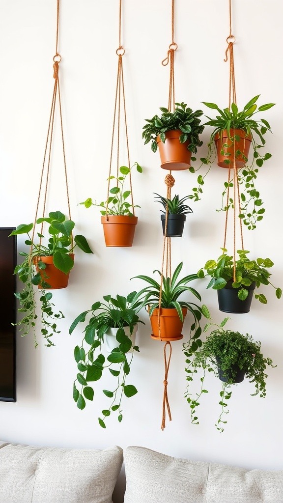 A collection of hanging planters with various green plants, showcasing vertical greenery on a wall.