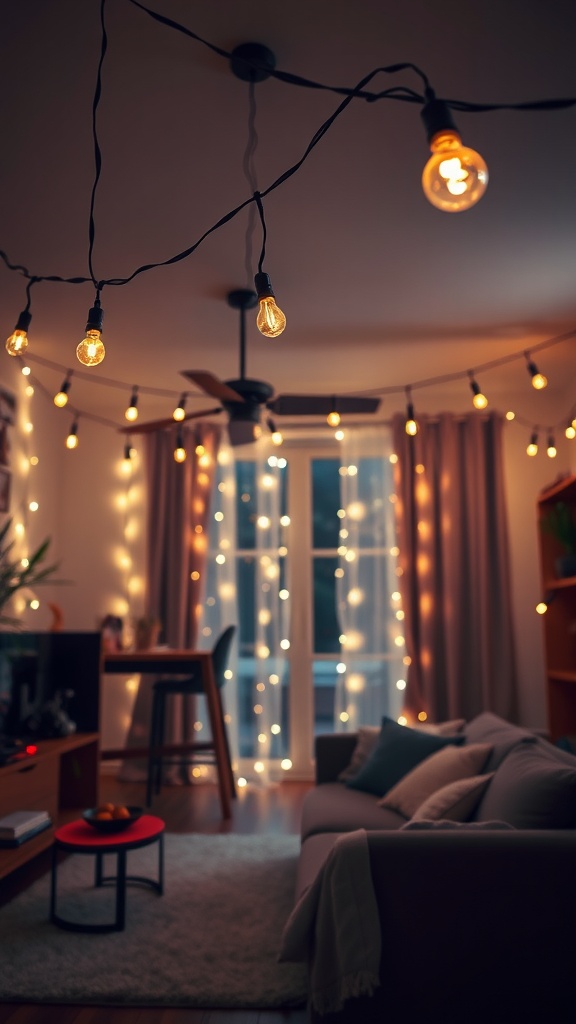 A cozy living room with hanging string lights creating a warm ambiance.