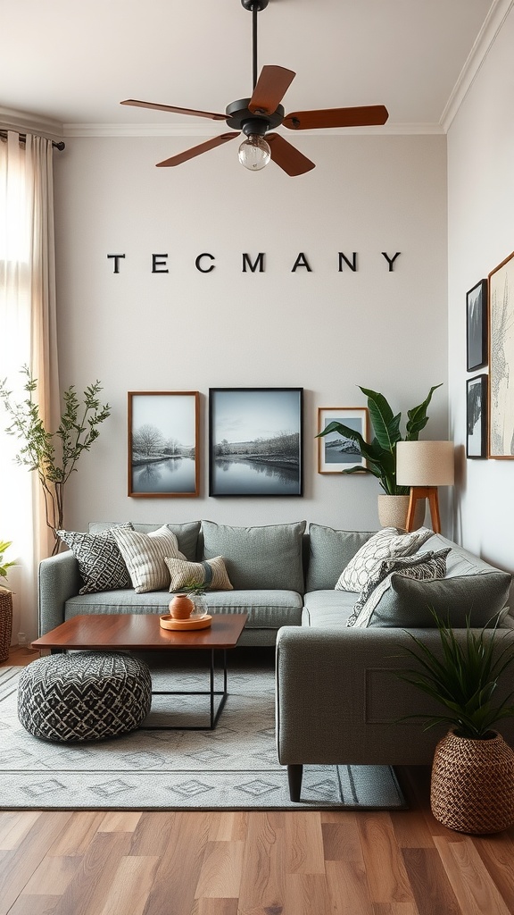 Cozy living room with a gray sectional sofa, patterned throw pillows, wooden coffee table, and framed wall art.